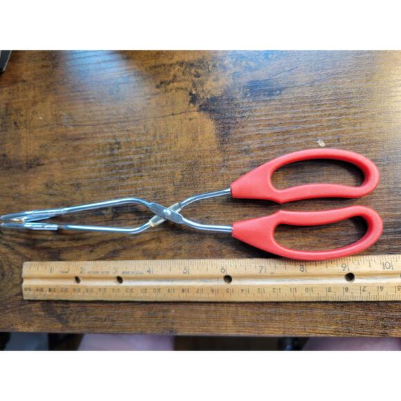 Vintage Red Plastic Handle 10" Stainless Steel Tongs - Picture 8 of 8